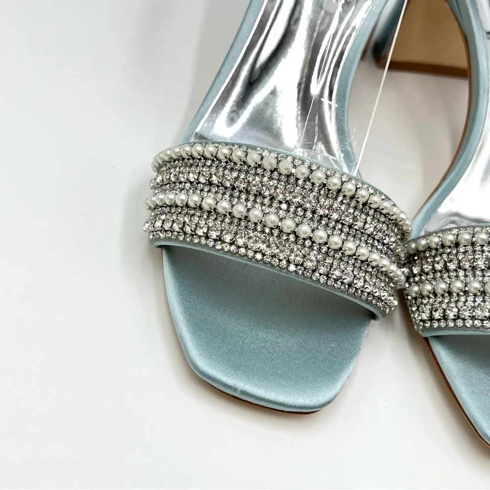 Badgley Mischka Size 5.5 Kameryn‎ Blue Satin Jeweled Dress Sandals Heels Shoes